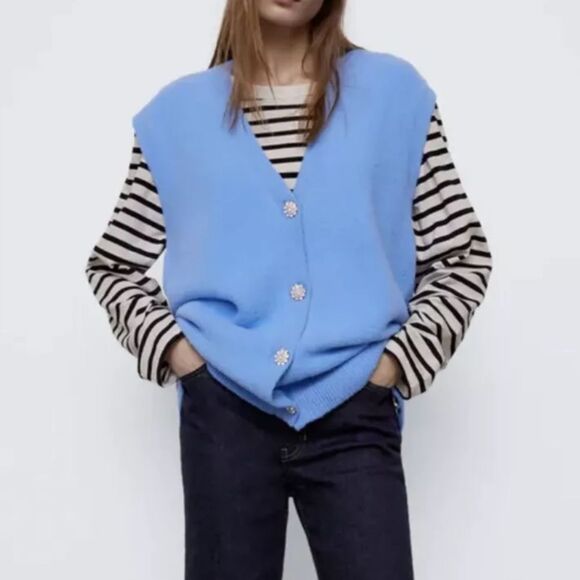 Zara Women’s Blue Crystal Button Vest Size M NEW - Picture 1 of 7